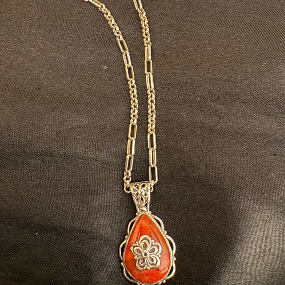 Silpada Designs Sterling Silver Coral Filigree Pendant with Link Chain